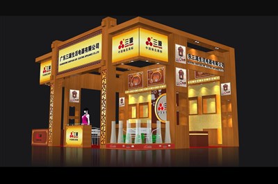 48平米展臺設計制作：三面開口/現(xiàn)代/木質結構/黃色，為家電展展商而作（免費使用）