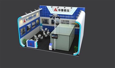 63.8平米展臺設計制作：一面開口/現代/木質結構/藍色，為機械展展商而作（免費使用）