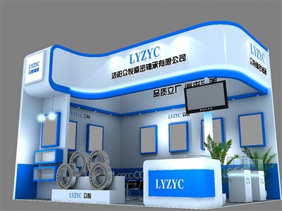 27平米展臺設(shè)計制作：二面開口/現(xiàn)代/木質(zhì)結(jié)構(gòu)/藍色，為機械展展商而作（免費使用）