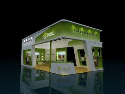 72平米展臺設(shè)計制作：三面開口/現(xiàn)代/木質(zhì)結(jié)構(gòu)/綠色，為家電展展商而作（免費(fèi)使用）