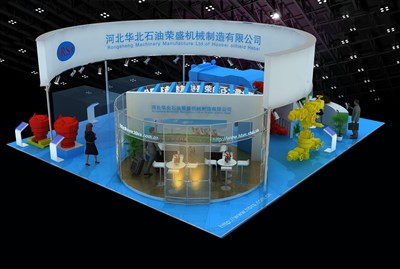 168平米展臺設計制作：四面開口/現(xiàn)代/木質(zhì)結構/藍色，為機械展展商而作（免費使用）