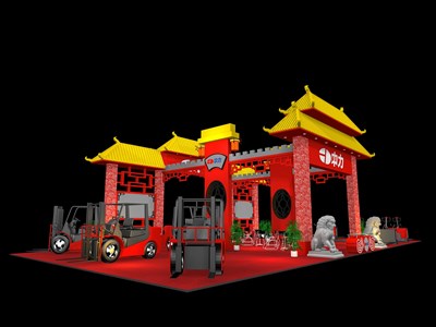 200平米展臺設(shè)計制作：四面開口/中式/木質(zhì)結(jié)構(gòu)/紅色，為汽配展展商而作（免費使用）