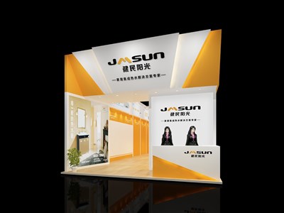 82.5平米展臺設(shè)計(jì)制作：一面開口/現(xiàn)代/木質(zhì)結(jié)構(gòu)/黃色，為家電展展商而作（免費(fèi)使用）