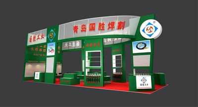 90平米展臺設(shè)計(jì)制作：三面開口/現(xiàn)代/木質(zhì)結(jié)構(gòu)/綠色，為機(jī)械展展商而作（免費(fèi)使用）
