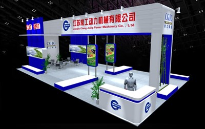 112平米展臺設(shè)計制作：四面開口/現(xiàn)代/木質(zhì)結(jié)構(gòu)/藍色，為機械展展商而作（免費使用）
