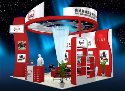 36平米展臺(tái)設(shè)計(jì)制作：三面開口/現(xiàn)代/木質(zhì)結(jié)構(gòu)/紅色，為機(jī)械展展商而作（免費(fèi)使用）