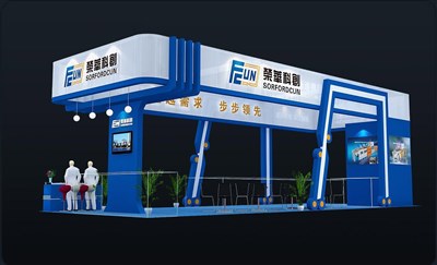 90平米展臺設(shè)計制作：四面開口/現(xiàn)代/木質(zhì)結(jié)構(gòu)/藍(lán)色，為機(jī)械展展商而作（免費(fèi)使用）