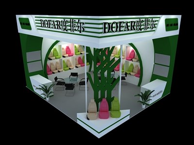 42平米展臺設計制作：二面開口/現(xiàn)代/木質結構/綠色，為汽配展展商而作（免費使用）
