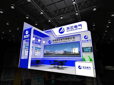 32平米展臺(tái)設(shè)計(jì)制作：二面開口/現(xiàn)代/木質(zhì)結(jié)構(gòu)/藍(lán)色，為機(jī)械展展商而作（免費(fèi)使用）