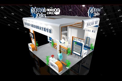 36平米展臺設(shè)計制作：三面開口/現(xiàn)代/木質(zhì)結(jié)構(gòu)/白色，為機械展展商而作（免費使用）