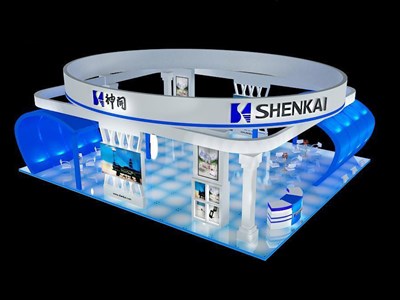 120平米展臺設(shè)計(jì)制作：三面開口/前衛(wèi)/木質(zhì)結(jié)構(gòu)/藍(lán)色，為機(jī)械展展商而作（免費(fèi)使用）