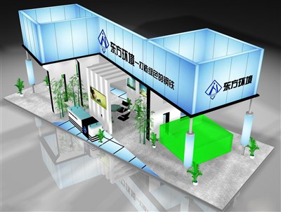 70平米展臺(tái)設(shè)計(jì)制作：四面開口/前衛(wèi)/木質(zhì)結(jié)構(gòu)/藍(lán)色，為機(jī)械展展商而作（免費(fèi)使用）
