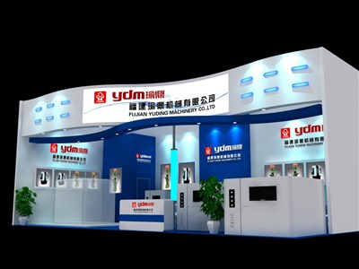 72平米展臺設計制作：一面開口/現代/木質結構/藍色，為機械展展商而作（免費使用）