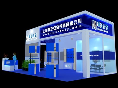 49.5平米展臺設(shè)計制作：三面開口/現(xiàn)代/木質(zhì)結(jié)構(gòu)/藍(lán)色，為機(jī)械展展商而作（免費(fèi)使用）