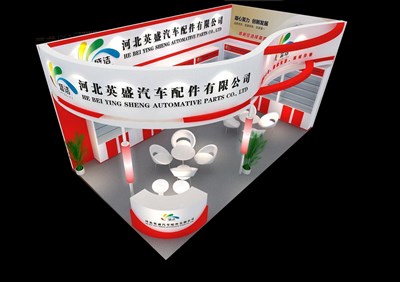 36平米展臺設(shè)計(jì)制作：二面開口/現(xiàn)代/木質(zhì)結(jié)構(gòu)/紅色，為汽配展展商而作（免費(fèi)使用）