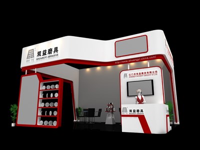 48平米展臺(tái)設(shè)計(jì)制作：三面開口/現(xiàn)代/木質(zhì)結(jié)構(gòu)/紅色，為機(jī)械展展商而作（免費(fèi)使用）
