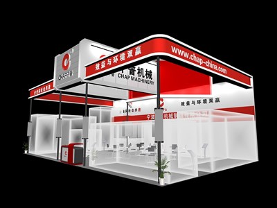 135平米展臺設(shè)計制作：三面開口/現(xiàn)代/木質(zhì)結(jié)構(gòu)/紅色，為機(jī)械展展商而作（免費(fèi)使用）