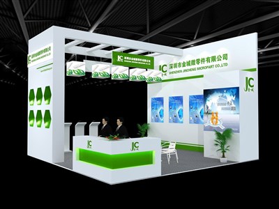 36平米展臺設計制作：三面開口/現(xiàn)代/木質結構/綠色，為機械展展商而作（免費使用）