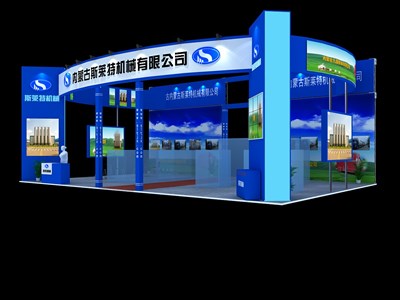 126平米展臺設(shè)計制作：三面開口/現(xiàn)代/木質(zhì)結(jié)構(gòu)/藍色，為機械展展商而作（免費使用）