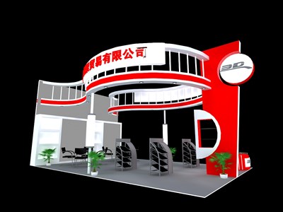 54平米展臺(tái)設(shè)計(jì)制作：三面開(kāi)口/現(xiàn)代/木質(zhì)結(jié)構(gòu)/紅色，為汽配展展商而作（免費(fèi)使用）