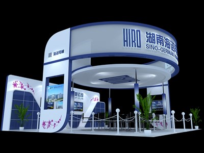 76.5平米展臺設(shè)計(jì)制作：四面開口/現(xiàn)代/木質(zhì)結(jié)構(gòu)/藍(lán)色，為汽配展展商而作（免費(fèi)使用）