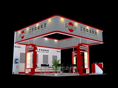 36平米展臺設(shè)計制作：三面開口/現(xiàn)代/木質(zhì)結(jié)構(gòu)/紅色，為汽配展展商而作（免費使用）