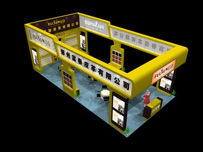 72平米展臺(tái)設(shè)計(jì)制作：三面開(kāi)口/現(xiàn)代/木質(zhì)結(jié)構(gòu)/黃色，為汽配展展商而作（免費(fèi)使用）