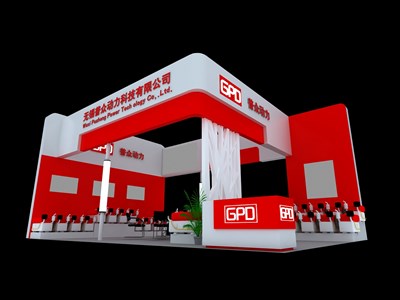 54平米展臺(tái)設(shè)計(jì)制作：三面開(kāi)口/現(xiàn)代/木質(zhì)結(jié)構(gòu)/紅色，為汽配展展商而作（免費(fèi)使用）