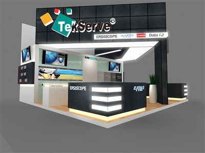 36平米展臺設(shè)計(jì)制作：三面開口/現(xiàn)代/木質(zhì)結(jié)構(gòu)/黑色，為電子展展商而作（免費(fèi)使用）