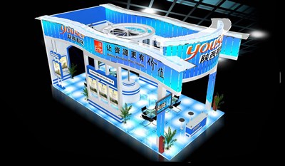 72平米展臺設(shè)計制作：四面開口/現(xiàn)代/型材結(jié)構(gòu)/藍色，為汽配展展商而作（免費使用）