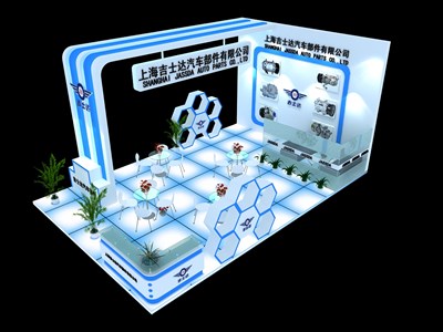 54平米展臺設(shè)計制作：三面開口/前衛(wèi)/木質(zhì)結(jié)構(gòu)/藍(lán)色，為汽配展展商而作（免費使用）