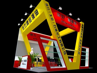 36平米展臺設(shè)計制作：三面開口/現(xiàn)代/木質(zhì)結(jié)構(gòu)/黃色，為汽配展展商而作（免費使用）
