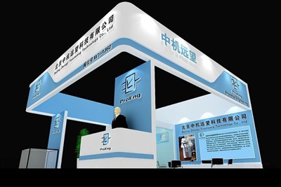 64平米展臺(tái)設(shè)計(jì)制作：三面開口/現(xiàn)代/木質(zhì)結(jié)構(gòu)/藍(lán)色，為電子展展商而作（免費(fèi)使用）