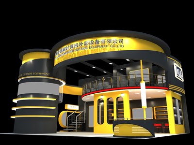 99平米展臺設計制作：三面開口/現代/雙層結構/黃色，為電子展展商而作（免費使用）