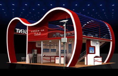 108平米展臺設計制作：四面開口/現代/雙層結構/紅色，為電子展展商而作（免費使用）