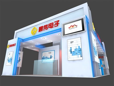 54平米展臺設(shè)計制作：三面開口/前衛(wèi)/木質(zhì)結(jié)構(gòu)/藍色，為電子展展商而作（免費使用）