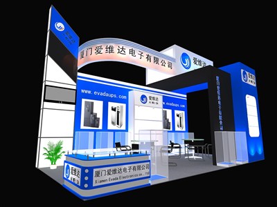 18平米展臺(tái)設(shè)計(jì)制作：三面開(kāi)口/現(xiàn)代/木質(zhì)結(jié)構(gòu)/藍(lán)色，為電子展展商而作（免費(fèi)使用）