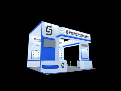 36平米展臺(tái)設(shè)計(jì)制作：三面開口/現(xiàn)代/木質(zhì)結(jié)構(gòu)/藍(lán)色，為電子展展商而作（免費(fèi)使用）