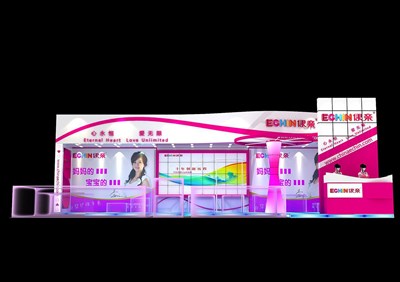 72平米展臺設計制作：一面開口/現(xiàn)代/木質結構/紫色，為嬰幼展展商而作（免費使用）