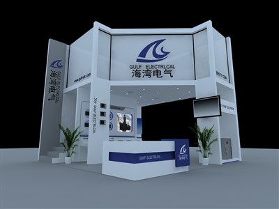 36平米展臺(tái)設(shè)計(jì)制作：三面開(kāi)口/現(xiàn)代/木質(zhì)結(jié)構(gòu)/藍(lán)色，為電子展展商而作（免費(fèi)使用）
