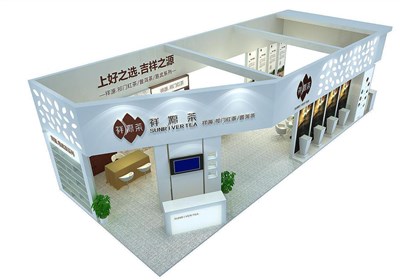 90平米展臺(tái)設(shè)計(jì)制作：四面開口/現(xiàn)代/木質(zhì)結(jié)構(gòu)/白色，為茶博會(huì)展商而作（免費(fèi)使用）