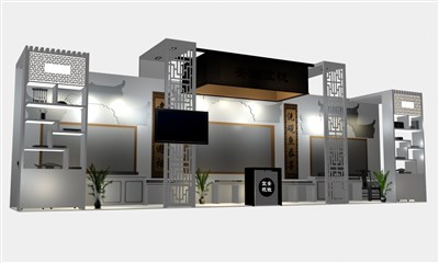 24平米展臺(tái)設(shè)計(jì)制作：三面開口/中式/木質(zhì)結(jié)構(gòu)/灰色，為茶博會(huì)展商而作（免費(fèi)使用）