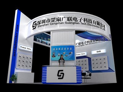 36平米展臺(tái)設(shè)計(jì)制作：三面開口/前衛(wèi)/木質(zhì)結(jié)構(gòu)/藍(lán)色，為電子展展商而作（免費(fèi)使用）