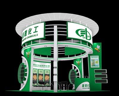 36平米展臺設(shè)計制作：四面開口/現(xiàn)代/木質(zhì)結(jié)構(gòu)/綠色，為化工展展商而作（免費使用）