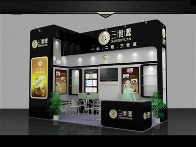 18平米展臺(tái)設(shè)計(jì)制作：二面開口/現(xiàn)代/型材結(jié)構(gòu)/黑色，為糖酒展展商而作（免費(fèi)使用）
