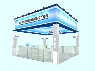 36平米展臺設(shè)計制作：四面開口/現(xiàn)代/木質(zhì)結(jié)構(gòu)/藍色，為綜合展展商而作（免費使用）