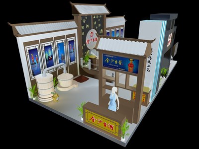 72平米展臺(tái)設(shè)計(jì)制作：三面開(kāi)口/中式/木質(zhì)結(jié)構(gòu)/灰色，為糖酒展展商而作（免費(fèi)使用）
