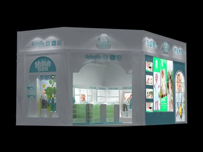 54平米展臺設(shè)計制作：一面開口/現(xiàn)代/木質(zhì)結(jié)構(gòu)/藍色，為嬰幼展展商而作（免費使用）