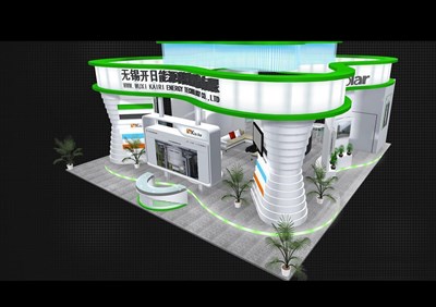 110平米展臺(tái)設(shè)計(jì)制作：四面開口/前衛(wèi)/木質(zhì)結(jié)構(gòu)/綠色，為電子展展商而作（免費(fèi)使用）