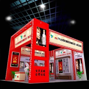 60平米展臺設計制作：二面開口/現(xiàn)代/型材結構/紅色，為糖酒展展商而作（免費使用）